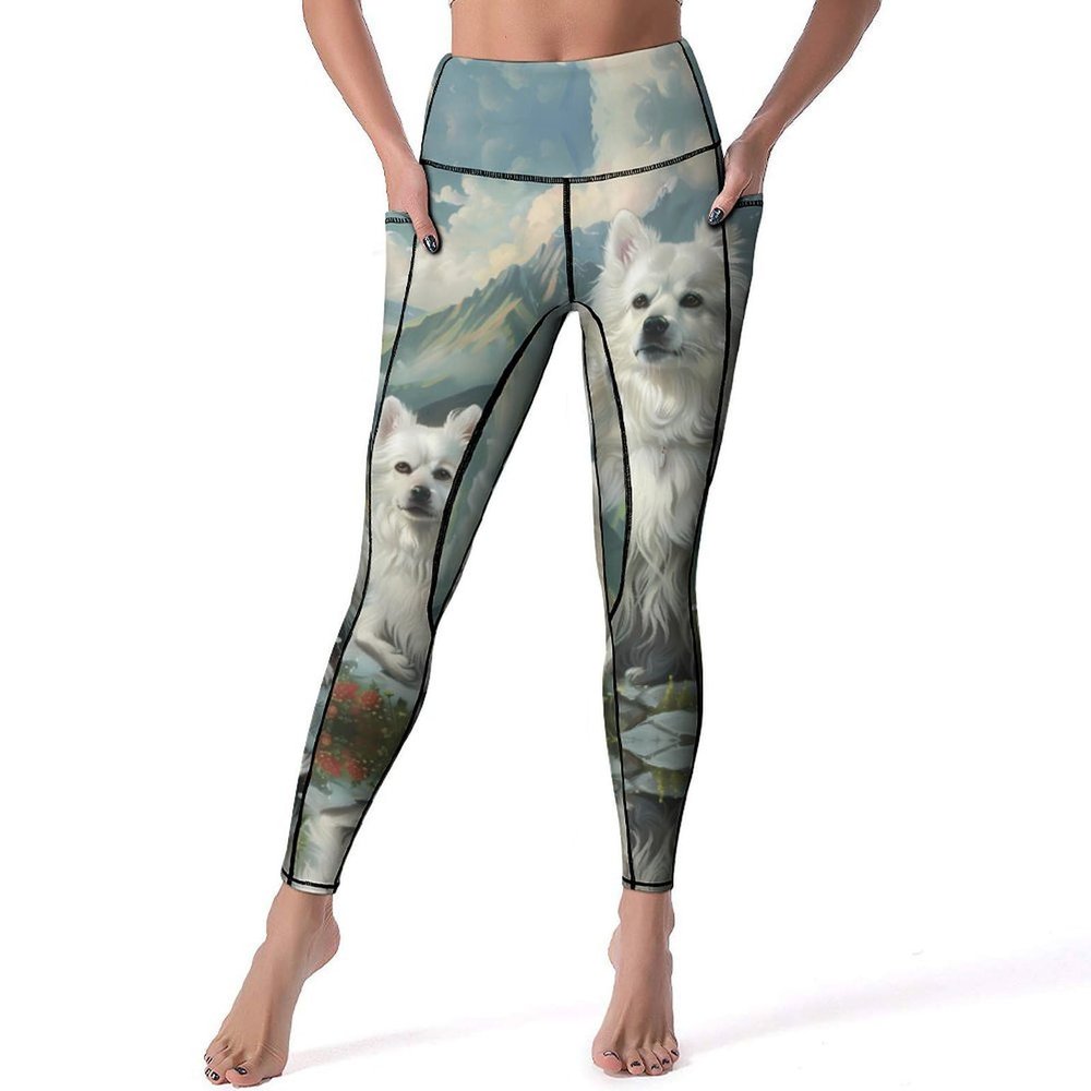 Americanes Eskimoess Dog Print Women's Yoga Pants High Waist Leggings Casual Pants with Pockets for Yoga Gym Workout 2XL
