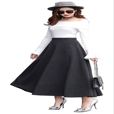 Women's Vintage High Waist Long Skirt A-line Fall/Winter Elegant Solid Wool Midi Skirt Dark Grey XXL