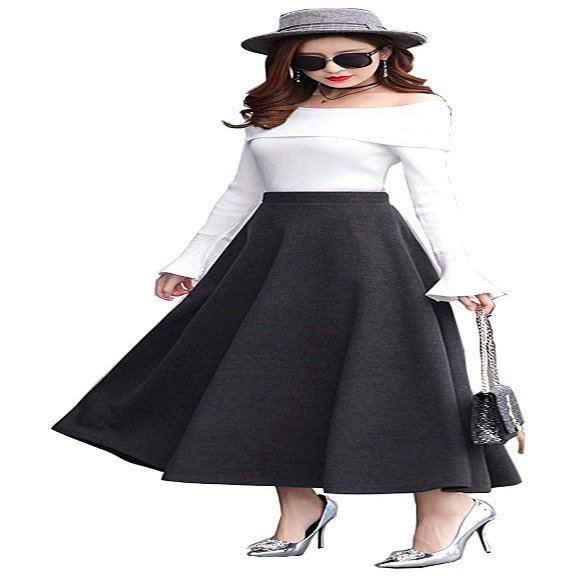 Women's Vintage High Waist Long Skirt A-line Fall/Winter Elegant Solid Wool Midi Skirt Dark Grey XXL