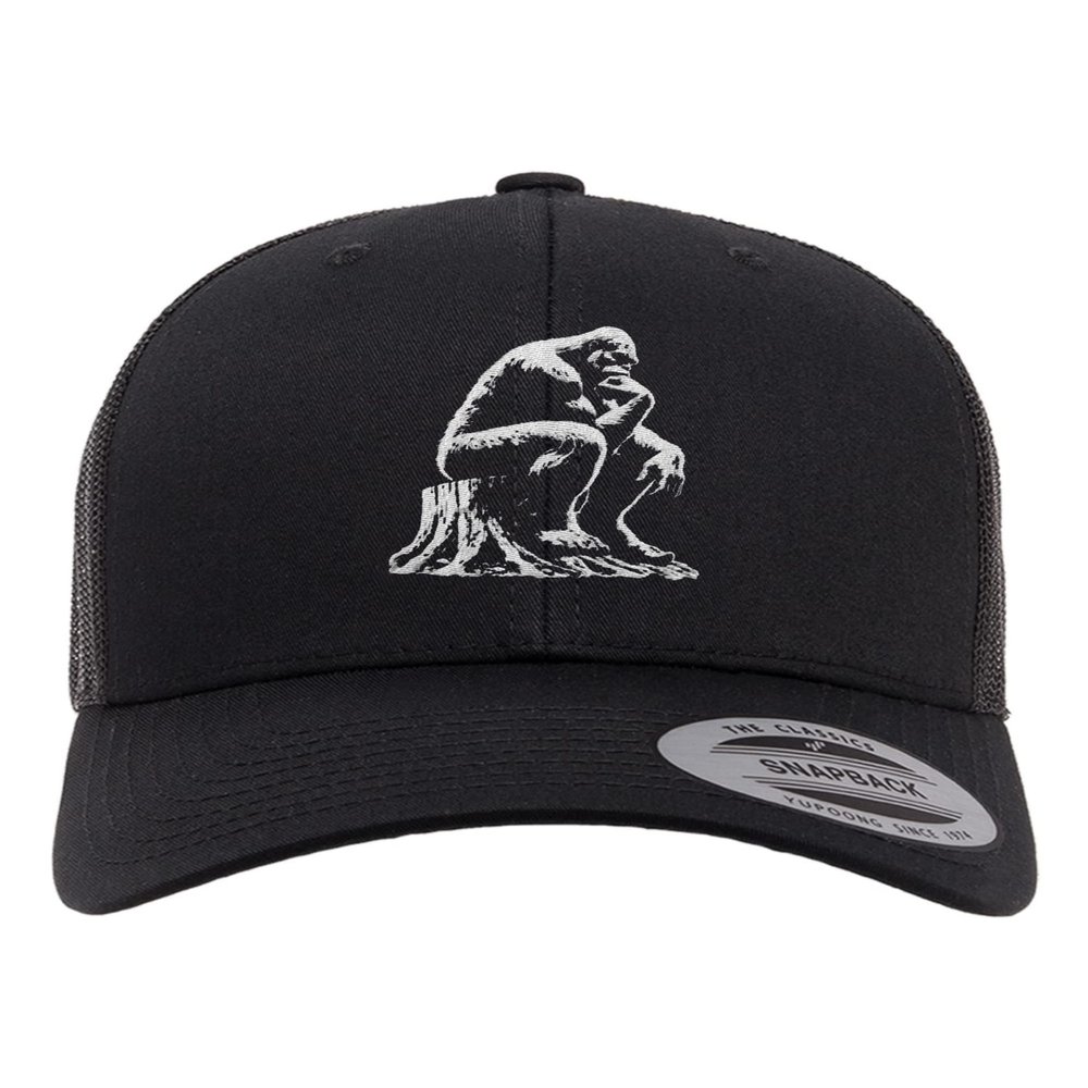 Adjustable Black Structured Trucker Bigfoot The Thinker On A Tree Stump Structured Trucker Cap