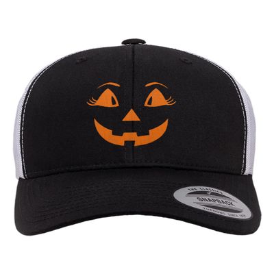 Adjustable Black/White Structured Trucker Female Jack O Lantern Face Halloween Structured Trucker Cap