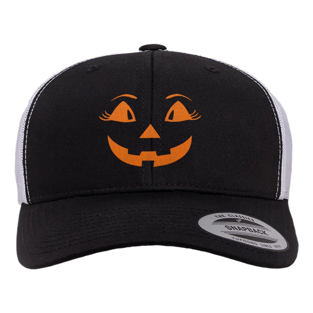 Adjustable Black/White Structured Trucker Female Jack O Lantern Face Halloween Structured Trucker Cap