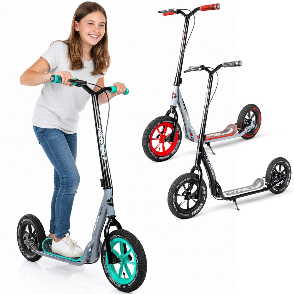 Large Kick Scooter for Adults, Teens & Kids 8-12 with Kickstand 12" Air-Filled Tires, Wide Deck, Lightweight Steel Frame Madd Gear Urban Glide (Teal/Grey)