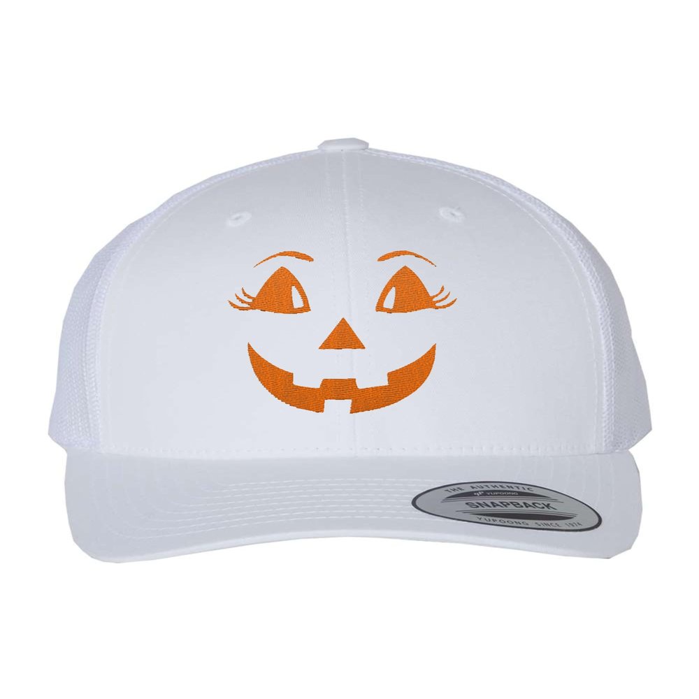Adjustable White Structured Trucker Female Jack O Lantern Face Halloween Structured Trucker Cap
