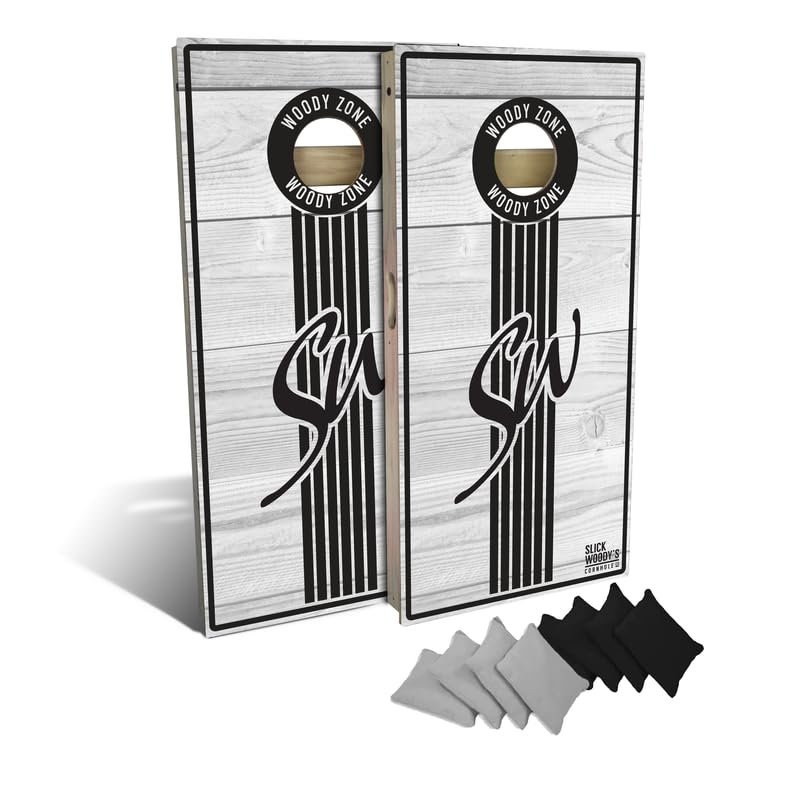 Slick Woody's Professional-Grade Cornhole Boards - 4'x2' Solid Wood Regulation Woodgrain Flag Bean Bag Toss Game with 8 Resin Filled Bags