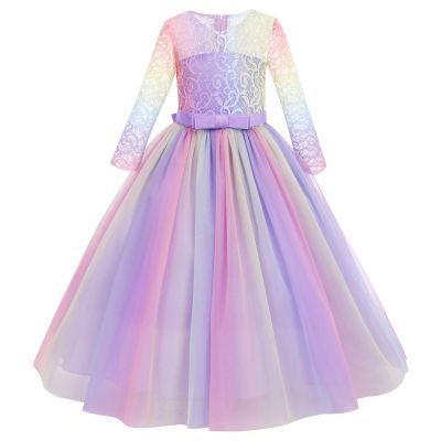 ABEHIK Flower Girls Fall Wedding Guest Dress Vintage Floral Lace 3/4 Sleeves Dress Birthday Party Evening Formal Pegeant Dance Gown First Communion Tulle Tutu Dresses Purple Rainbow 2-3 Years