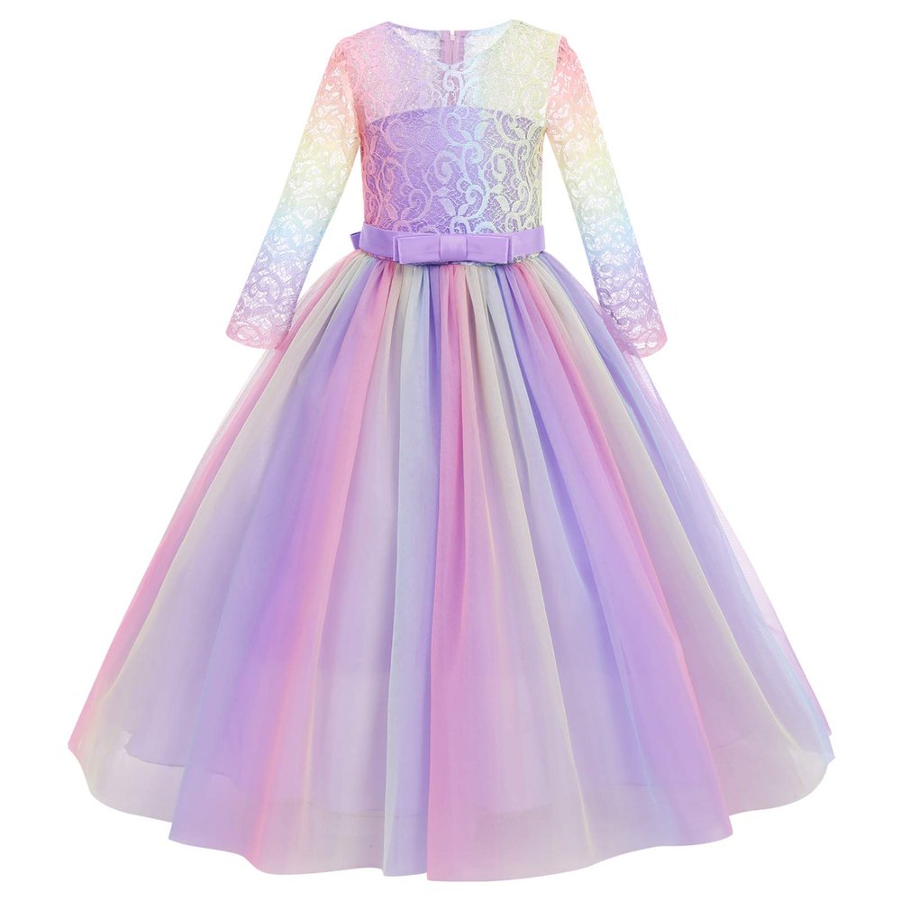 ABEHIK Flower Girls Fall Wedding Guest Dress Vintage Floral Lace 3/4 Sleeves Dress Birthday Party Evening Formal Pegeant Dance Gown First Communion Tulle Tutu Dresses Purple Rainbow 2-3 Years