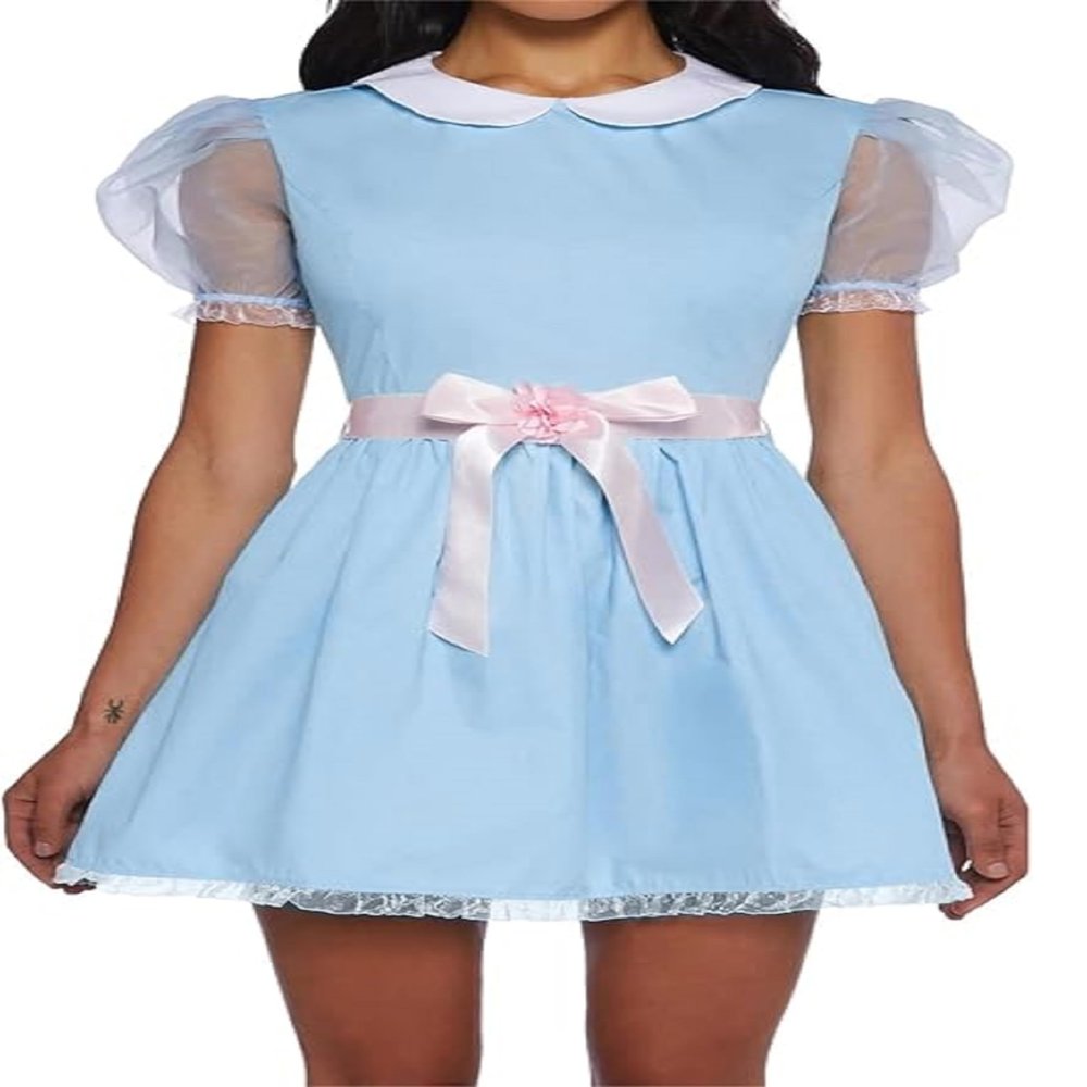 NUFIWI Women Girls Blue Twin Dress Halloween Costume Shining Creepy Twins Puff Sleeve Short Dress Maid Lolita Dress with Belt(Belt Pink,M)