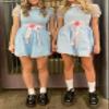NUFIWI Women Girls Blue Twin Dress Halloween Costume Shining Creepy Twins Puff Sleeve Short Dress Maid Lolita Dress with Belt(Belt Pink,M) view 2