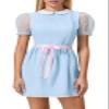 NUFIWI Women Girls Blue Twin Dress Halloween Costume Shining Creepy Twins Puff Sleeve Short Dress Maid Lolita Dress with Belt(Belt Pink,M) view 3
