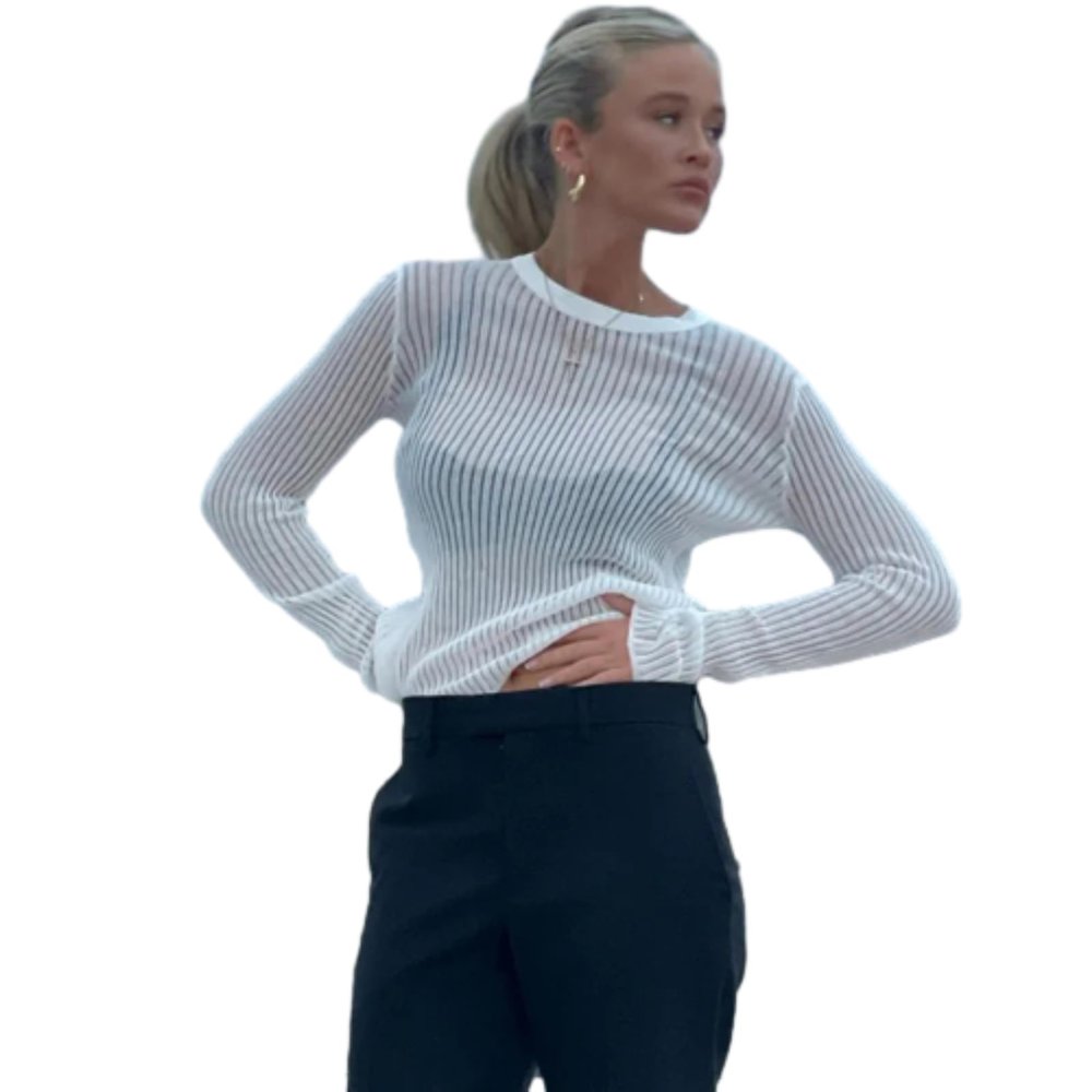 Fashion Elegant Striped See Through Women Tops Outfits Long Sleeve T-Shirts Tees Skinny Club Party Clothes,White,S