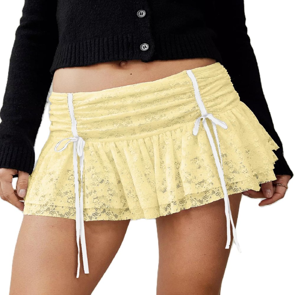 Seyumixi Lace Skater Skirt for Women Cute Lacey Ruffled Bloomer Skirts Layered Frilly Pleated Short Underskirt Lingerie(Bowknot Yellow,S)