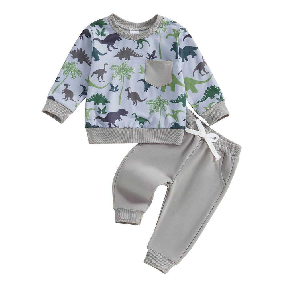 LIOMENGZI Toddler Baby Boy Dinosaur Outfits Funny Animal Sweatshirts Dinosaur Pants Set Infant Clothes 6 12 18 24Months 2T (Light Gray, 2-3T)