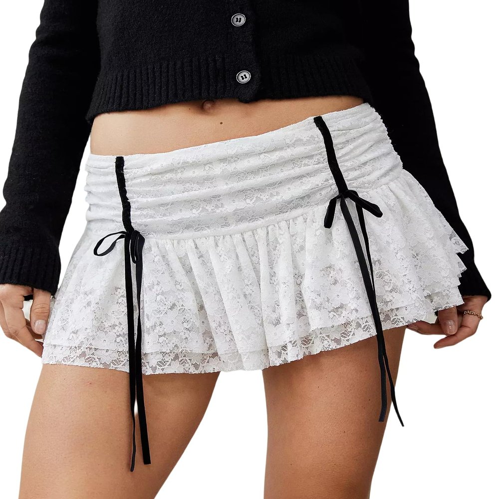 Seyumixi Lace Skater Skirt for Women Cute Lacey Ruffled Bloomer Skirts Layered Frilly Pleated Short Underskirt Lingerie(Bowtie White,M)