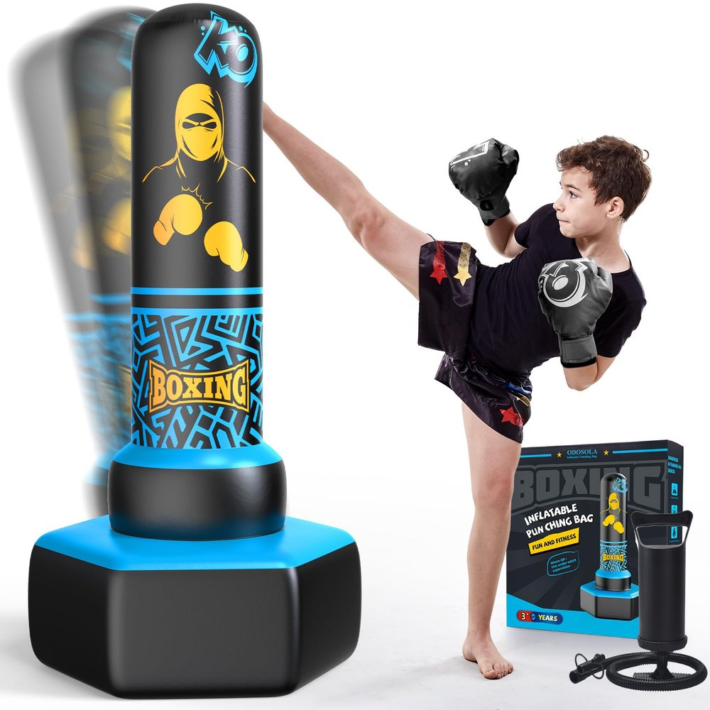 ODOSOLA 67'' Inflatable Punching Bag Freestanding for Kids Aged 3-12 Heavy Duty Boxing Set for Karate & Taekwondo, Stable Boxing Bag Active kids Toy, Christmas Birthday Gift for Boys and Girls, Blue