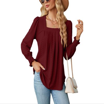 2024 Womens Puff Long Sleeve Shirts Dressy Pleated Square Neck Tunic Blouses Jacquard Long-Sleeved Solid Color T-Shirt (Wine red,2XL)