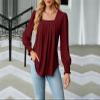 2024 Womens Puff Long Sleeve Shirts Dressy Pleated Square Neck Tunic Blouses Jacquard Long-Sleeved Solid Color T-Shirt (Wine red,2XL) view 2