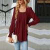 2024 Womens Puff Long Sleeve Shirts Dressy Pleated Square Neck Tunic Blouses Jacquard Long-Sleeved Solid Color T-Shirt (Wine red,2XL) view 3