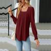 2024 Womens Puff Long Sleeve Shirts Dressy Pleated Square Neck Tunic Blouses Jacquard Long-Sleeved Solid Color T-Shirt (Wine red,2XL) view 4