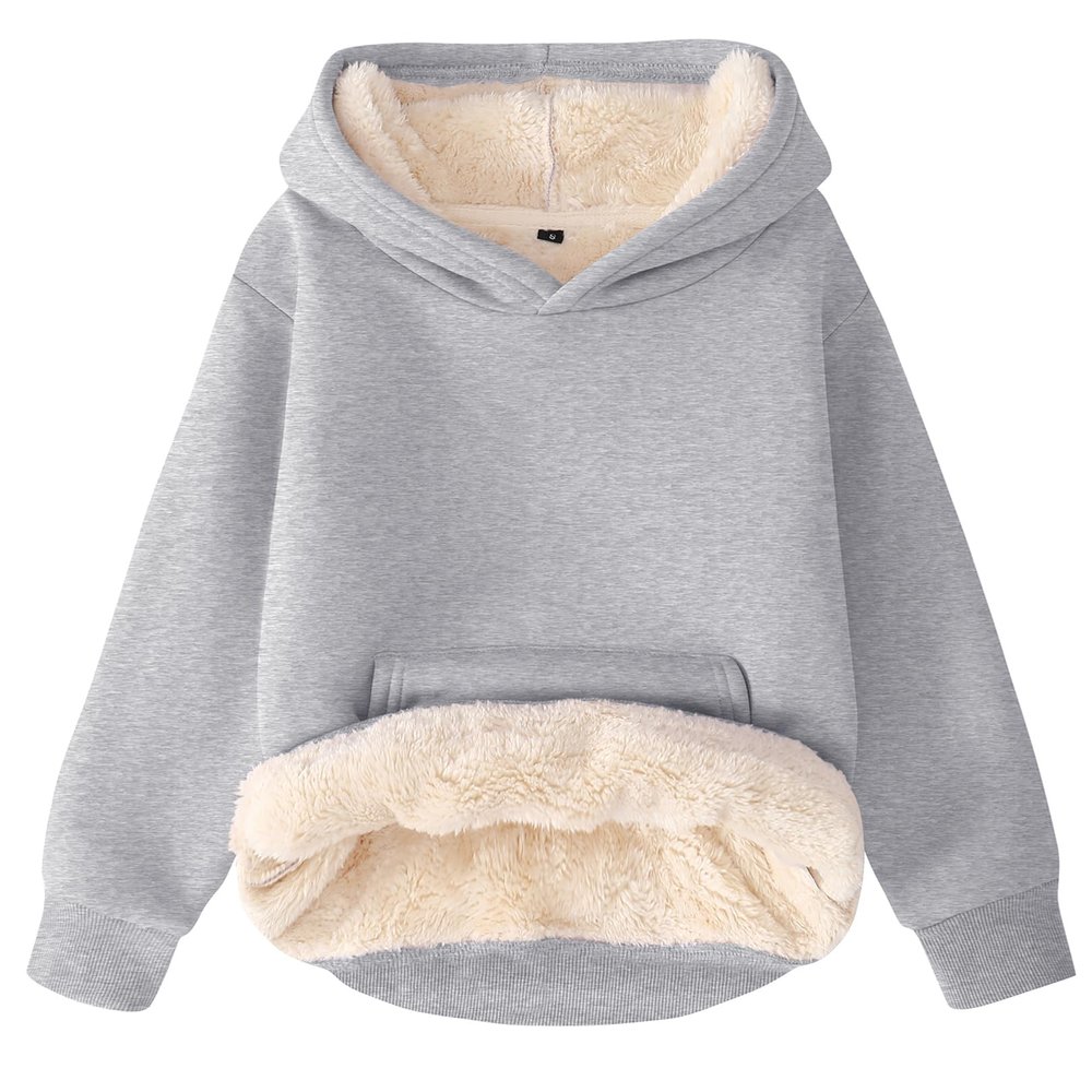 Flygo Unisex Boys Girls Fleece Lined Sherpa Hoodie Kids Warm Winter Hoodies Pullover Hooded Sweatshirt(LightGrey-XS)