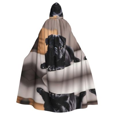 WHJYMX Cute Black Pug Dog Printed Halloween Adult Hooded Cloak for Cosplay Costumes and Theme Parties