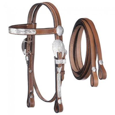 AD Saddlery Western Premium Leather Equestrian Trail Set Accessories Hand Silver Plated Carved Tooled Headstall, Breast Collar & Reins for Horse Riding and Training Size: Full - Cob H01 (Full)