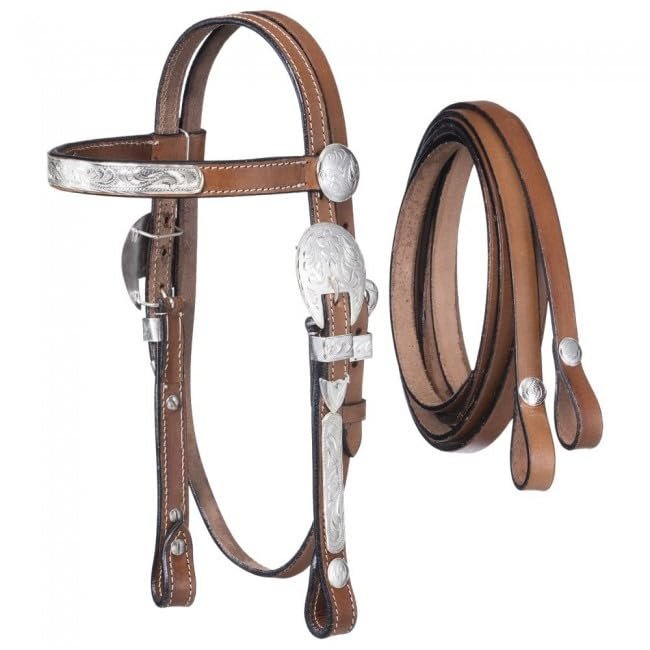 AD Saddlery Western Premium Leather Equestrian Trail Set Accessories Hand Silver Plated Carved Tooled Headstall, Breast Collar & Reins for Horse Riding and Training Size: Full - Cob H01 (Full)