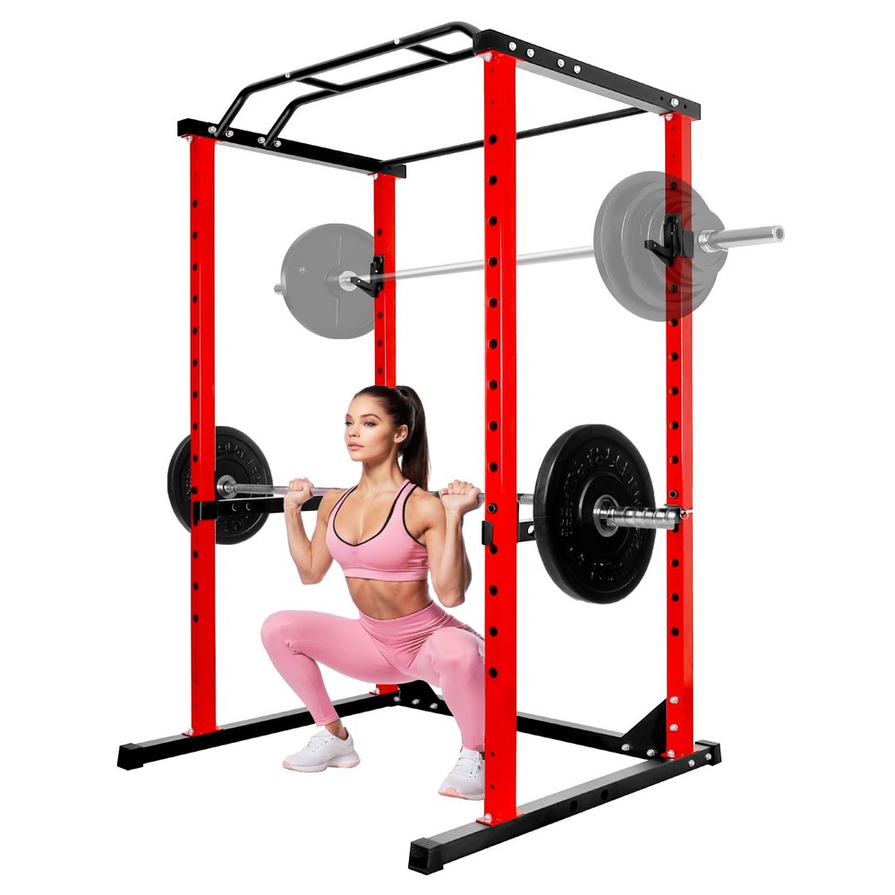 Vohala Squat Rack 1200lbs Capacity,Strength Training Power Cage, All-in-One Power Rack with Attachment for Home Gym (Red)