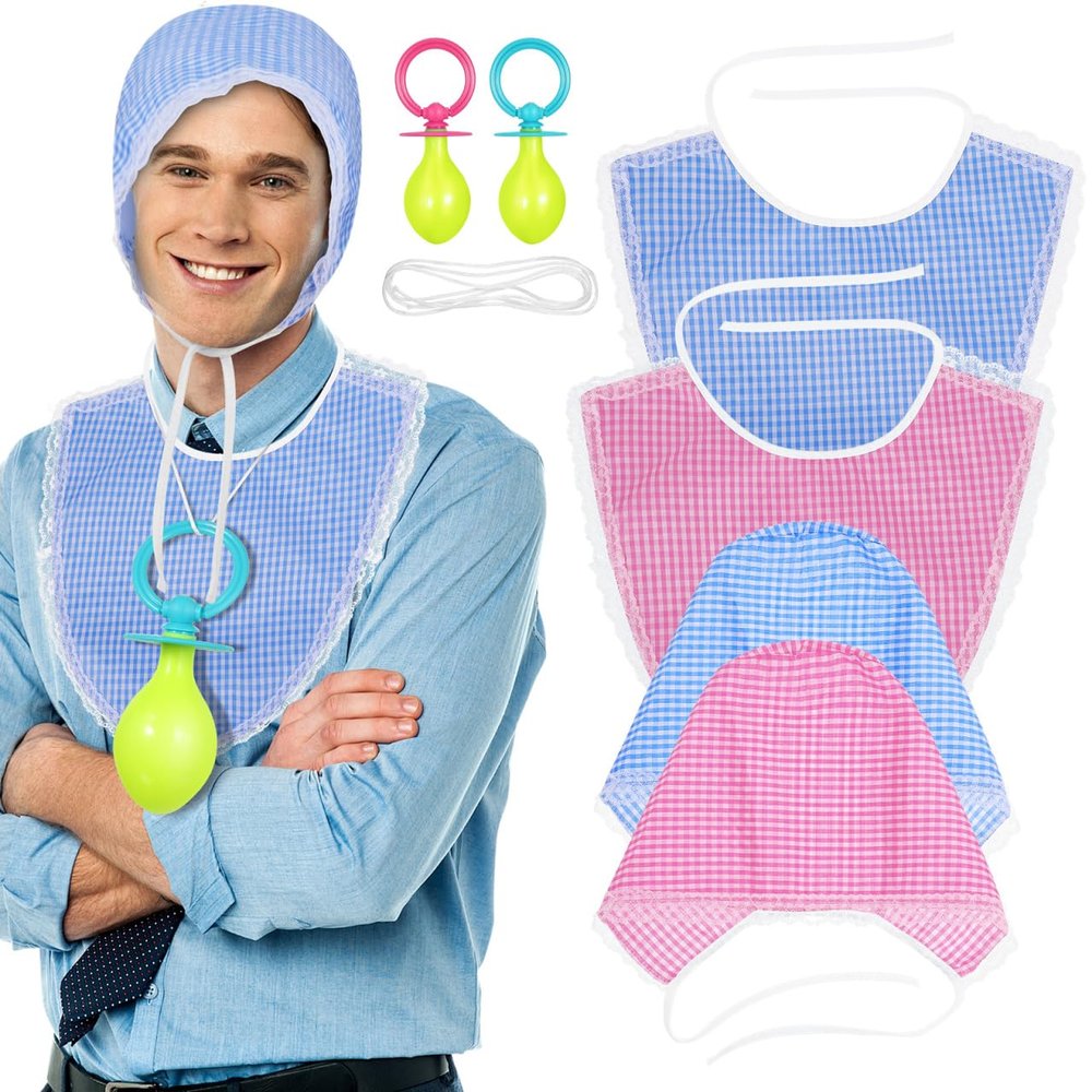 Abaodam 2 Sets Adult Baby Costume for Men Women, Big Baby Costume Accessories with Giant Pacifier, Bonnet Hat & Bib, Prank Gifts for Bachelor Party & Gender Reveal Ideas