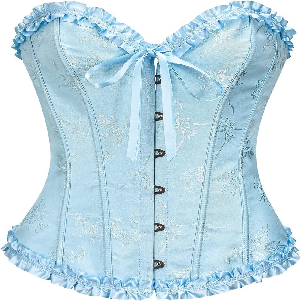ADELCE Women's Lace Up Corset Boned Floral Overbust Shapewear Lingerie Bustier Bodyshaper Top Crystal Blue M