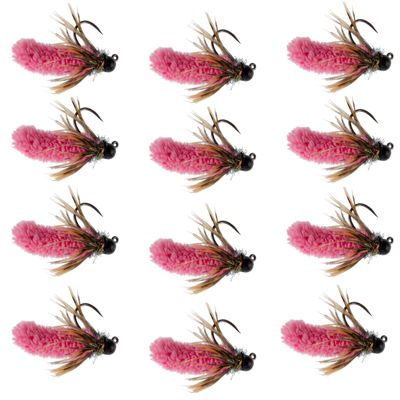 The Fly Fishing Place Tungsten Bead Hot Pink Mop Fly Tactical Jig Czech Euro Nymph Barbless Nymphing Fly - 1 Dozen Flies Size 14