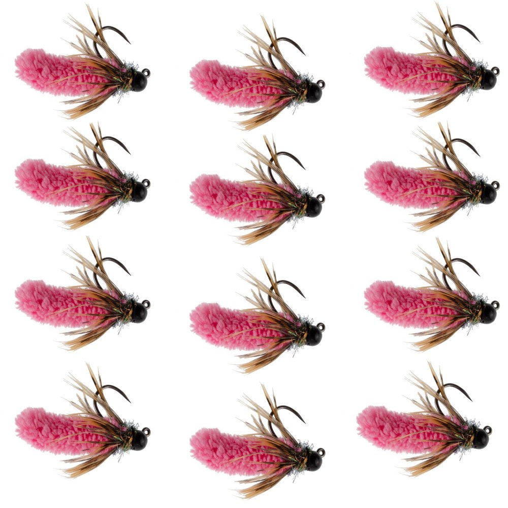 The Fly Fishing Place Tungsten Bead Hot Pink Mop Fly Tactical Jig Czech Euro Nymph Barbless Nymphing Fly - 1 Dozen Flies Size 14