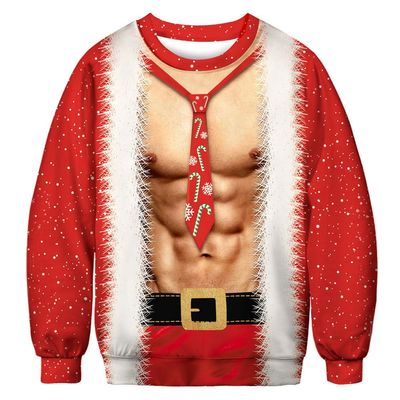 Unisex Ugly Christmas Sweater Funny 3D Print Santa Muscle Sweatshirt Long Sleeve Crewneck Xmas Pullover, Red 2, 3XL