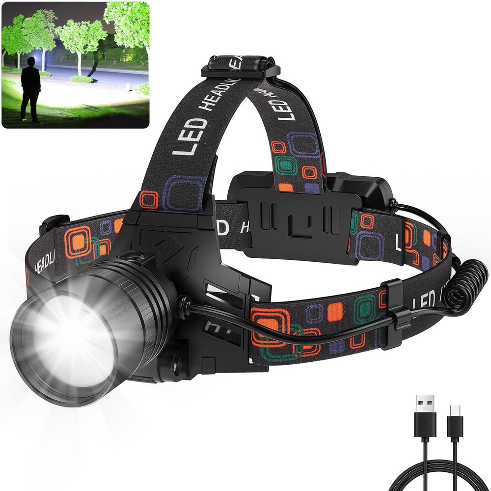 SKNSL Rechargeable Headlamp, 99000 Lumens Super Bright LED Head Lamp with 3 Modes, 90 Adjustable Head Lights for Forehead, 45H Long Runtime & IPX6 Waterproof HeadLamps for Camping Hunting Hiking