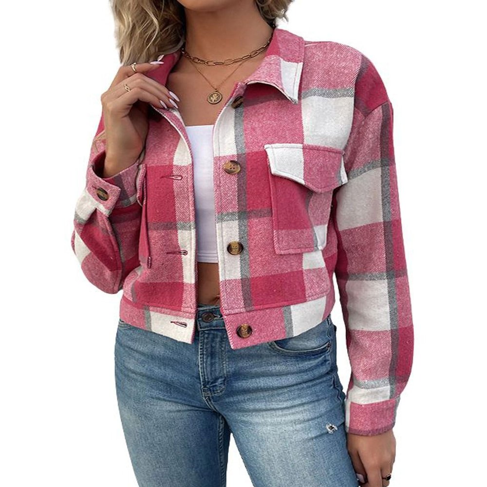 Aluxora Cropped Flannel Jacket, Women Cropped Plaid Flannel Shirt Jacket, 2024 Fall Fashion Flannel Button Down Jacket (Rose,S)