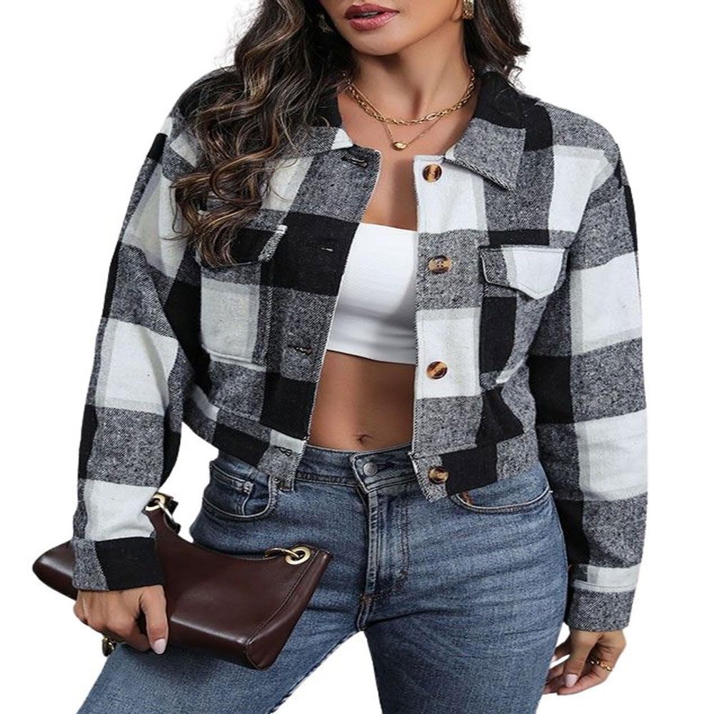 Aluxora Cropped Flannel Jacket, Women Cropped Plaid Flannel Shirt Jacket, 2024 Fall Fashion Flannel Button Down Jacket (Black White,XL)