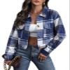 Aluxora Cropped Flannel Jacket, Women Cropped Plaid Flannel Shirt Jacket, 2024 Fall Fashion Flannel Button Down Jacket (Mist Blue,S)