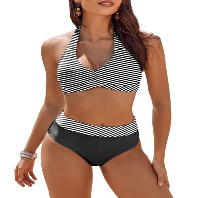 AI'MAGE Women's High Waisted Bikini Sets Tummy Control Swimsuits 2026 Two Piece Bathing Suits Color Block Halter Swim Suits, Black Striped, XL