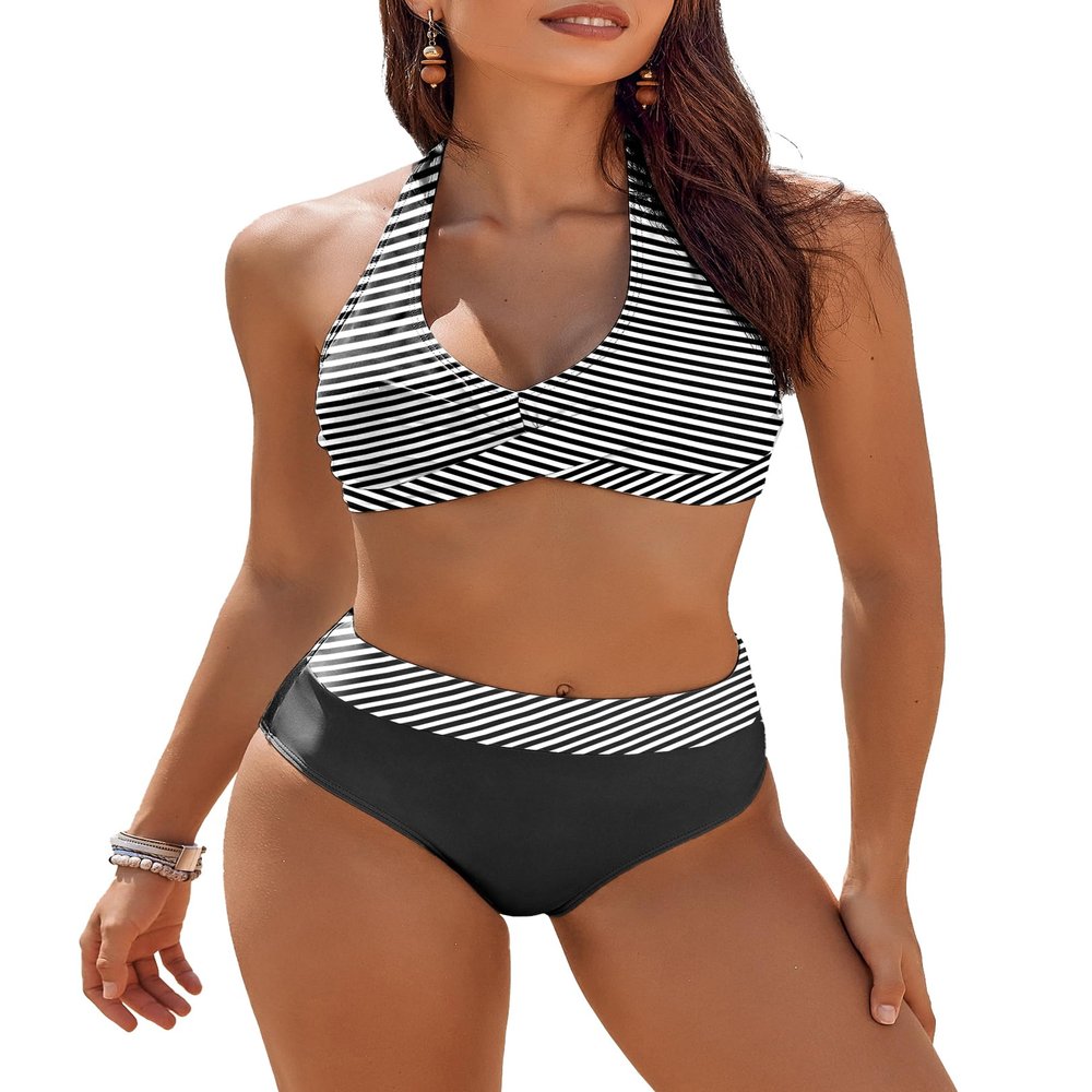 AI'MAGE Women's High Waisted Bikini Sets Tummy Control Swimsuits 2026 Two Piece Bathing Suits Color Block Halter Swim Suits, Black Striped, XL