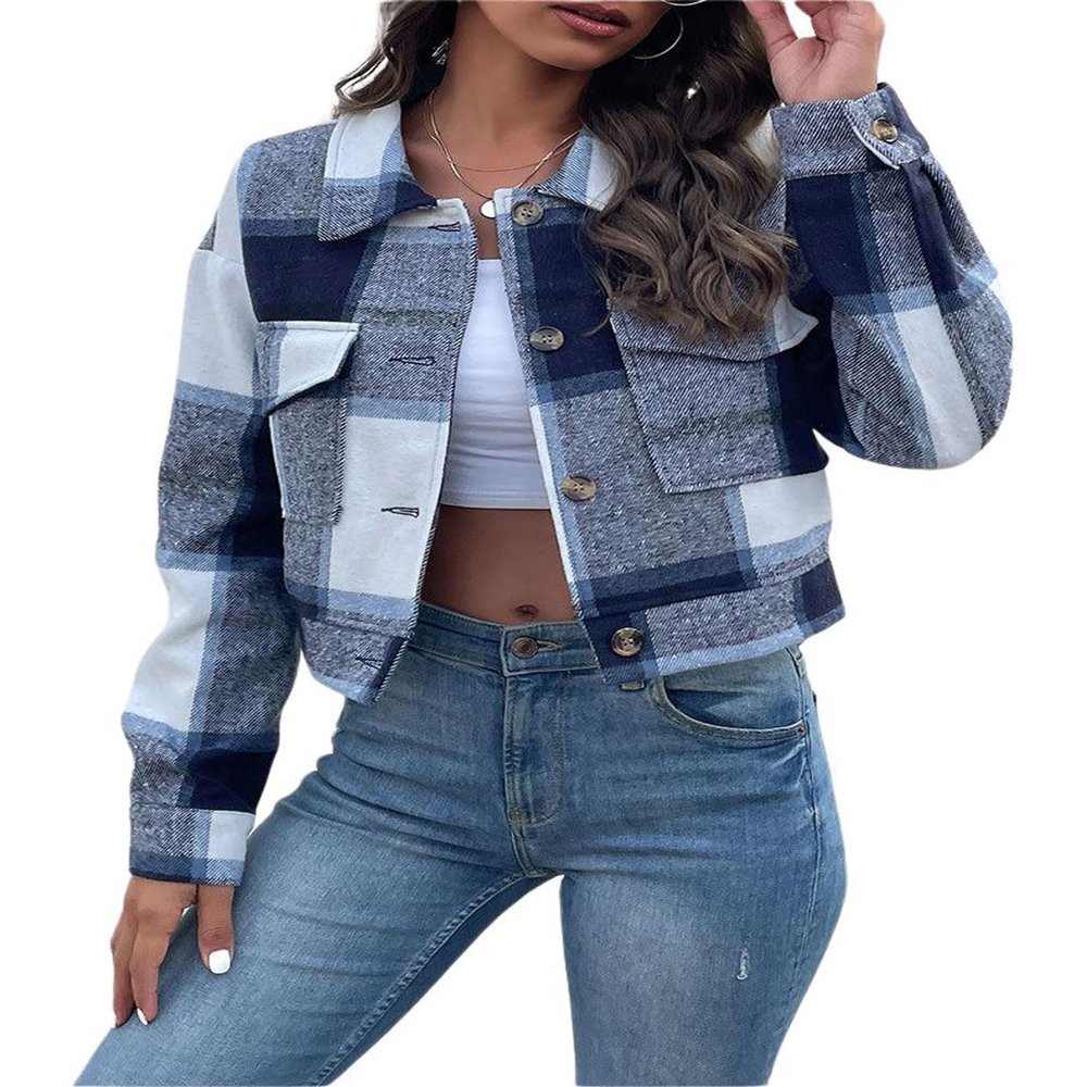 BZDVS Aluxora Cropped Flannel Jacket, Women's Casual Navy Blue Short Coat, Fall Fashion, S