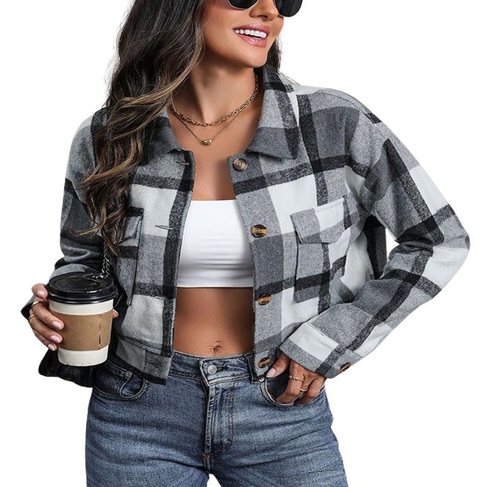 Aluxora Cropped Flannel Jacket, Women Cropped Plaid Flannel Shirt Jacket, 2024 Fall Fashion Flannel Button Down Jacket (Gray,M)