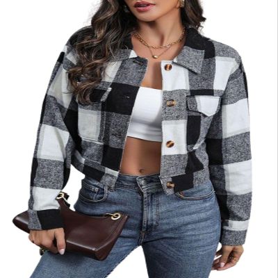 Aluxora Cropped Flannel Jacket, Women Cropped Plaid Flannel Shirt Jacket, 2024 Fall Fashion Flannel Button Down Jacket (Black White,S)