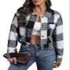 Aluxora Cropped Flannel Jacket, Women Cropped Plaid Flannel Shirt Jacket, 2024 Fall Fashion Flannel Button Down Jacket (Black White,S) view 1