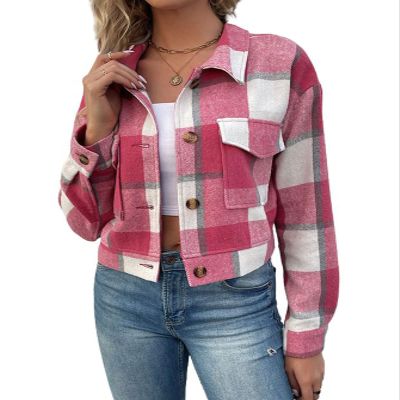 Aluxora Cropped Flannel Jacket, Women Cropped Plaid Flannel Shirt Jacket, 2024 Fall Fashion Flannel Button Down Jacket (Rose,M)