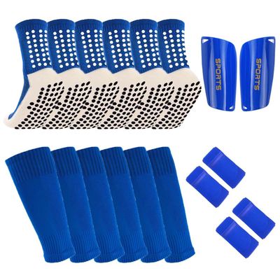 Ukontagood 3 Pairs Mens Grip Soccer Socks, 3 Pairs Shin Sleeves with 1 Pack Shin Guards and 4 Shin Straps, Soccer Football Game Set 11 Pcs (Blue)