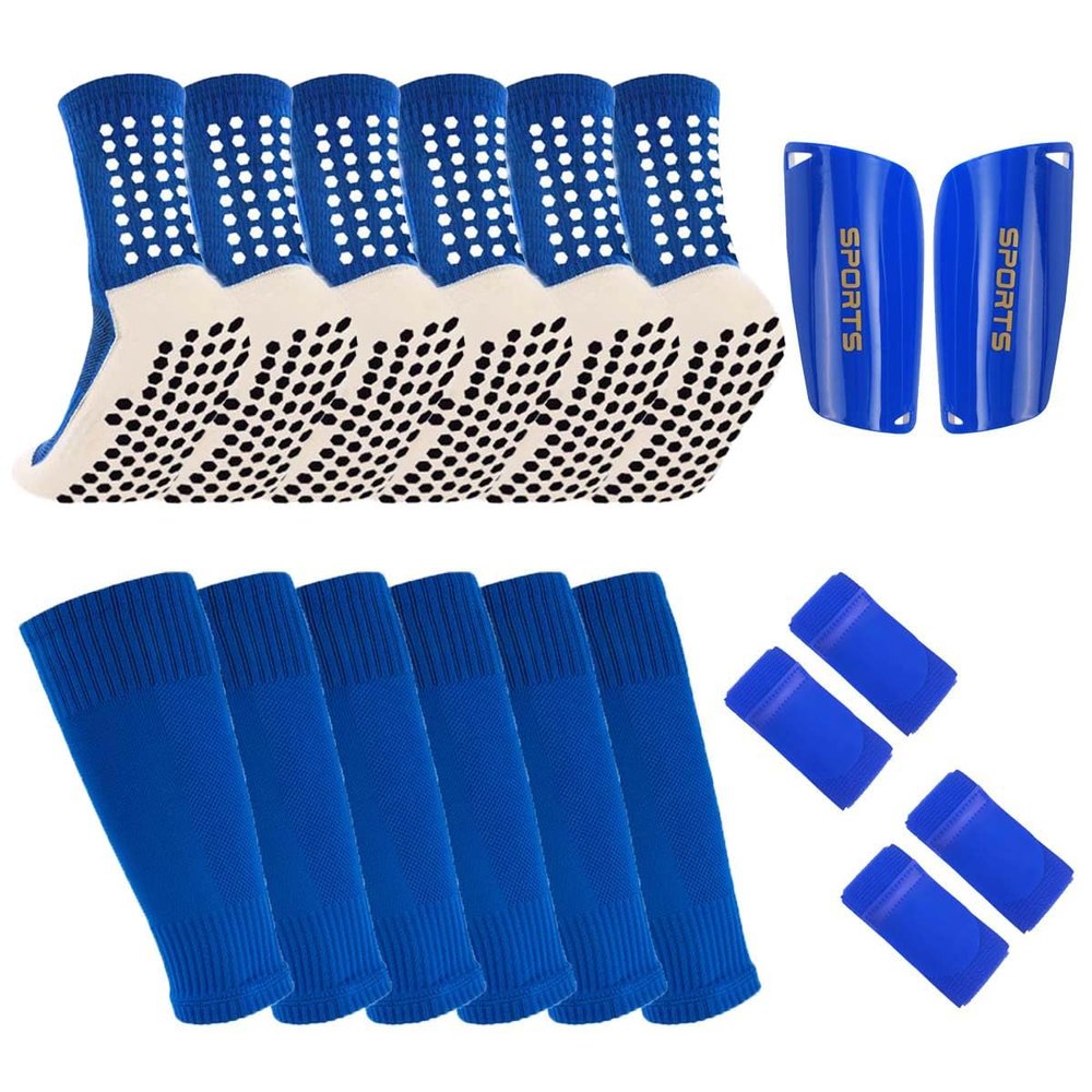 Ukontagood 3 Pairs Mens Grip Soccer Socks, 3 Pairs Shin Sleeves with 1 Pack Shin Guards and 4 Shin Straps, Soccer Football Game Set 11 Pcs (Blue)