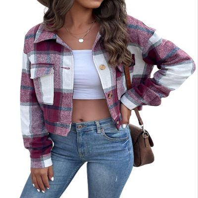 Aluxora Cropped Flannel Jacket, Women Cropped Plaid Flannel Shirt Jacket, 2024 Fall Fashion Flannel Button Down Jacket (Wine,L)