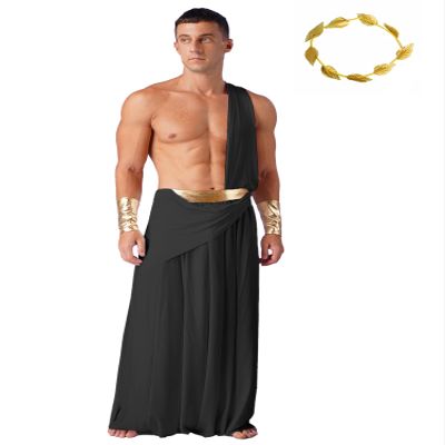 Alvivi 4Pcs Men's Halloween Ancient Greek Costume One Shoulder Strap Roman Toga Long Skirt Outfit Set Black XX-Large