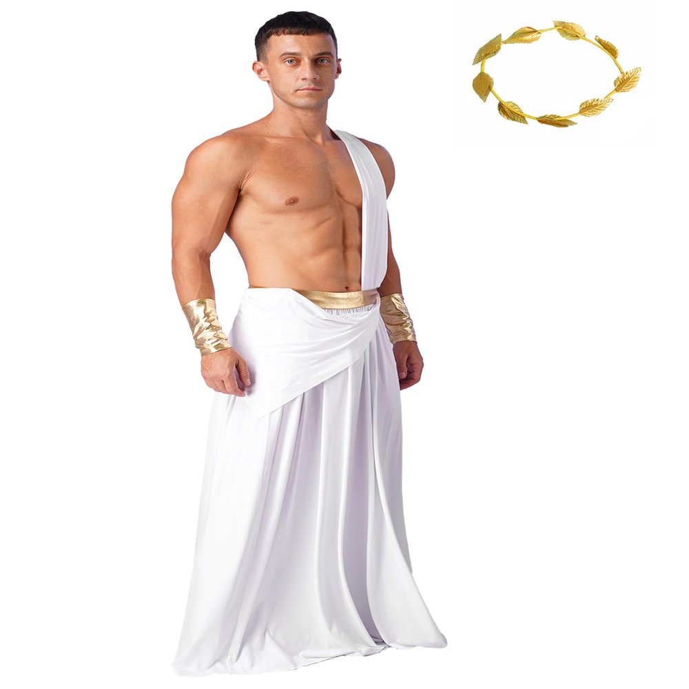 Alvivi 4Pcs Men's Halloween Ancient Greek Costume One Shoulder Strap Roman Toga Long Skirt Outfit Set White Small