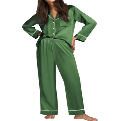 Ekouaer Satin Pajama Set for Women Silky Sleepwear Long Sleeve Top and Pants Button Down Pjs Lounge Set Bright Green